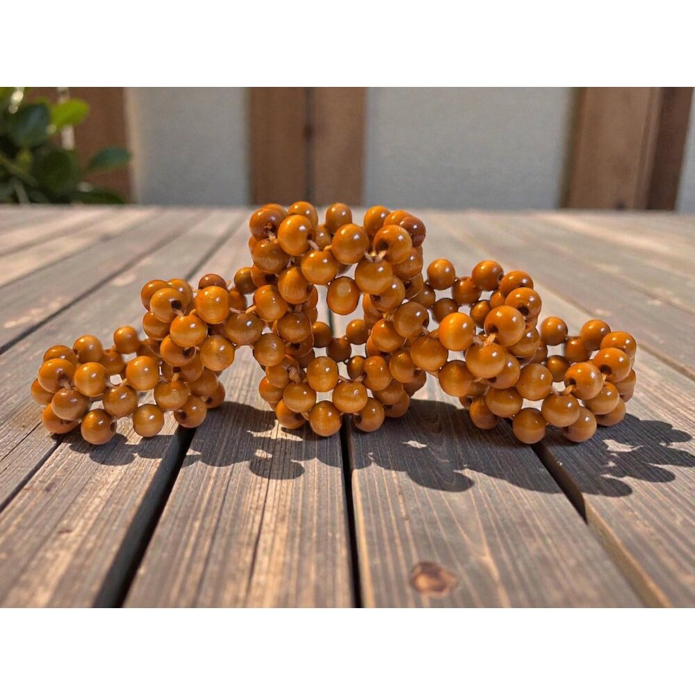 Handcrafted Wooden Bead Napkin Ring Set Vintage Style Amber/Honey Tone 6 MCM